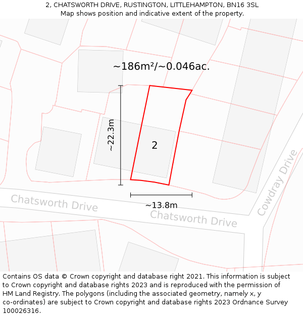2, CHATSWORTH DRIVE, RUSTINGTON, LITTLEHAMPTON, BN16 3SL: Plot and title map
