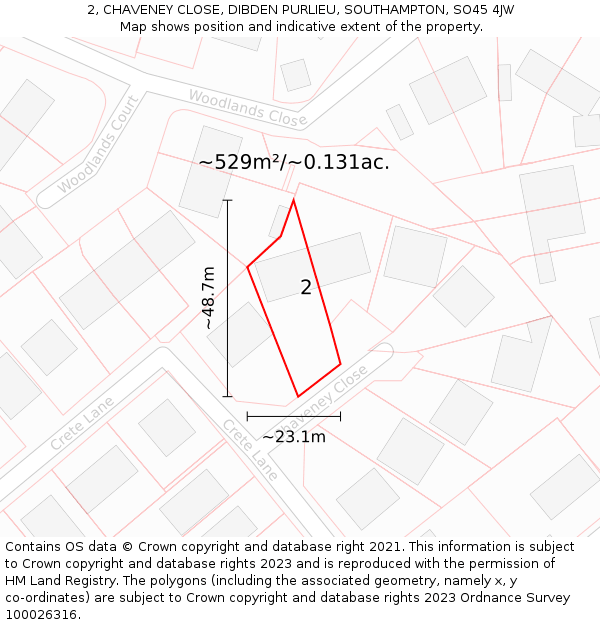 2, CHAVENEY CLOSE, DIBDEN PURLIEU, SOUTHAMPTON, SO45 4JW: Plot and title map