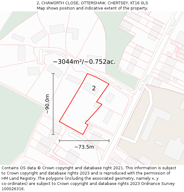 2, CHAWORTH CLOSE, OTTERSHAW, CHERTSEY, KT16 0LS: Plot and title map