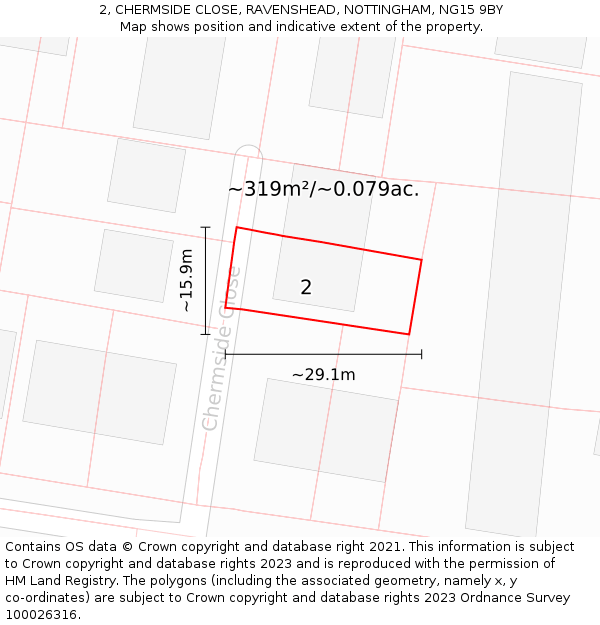 2, CHERMSIDE CLOSE, RAVENSHEAD, NOTTINGHAM, NG15 9BY: Plot and title map