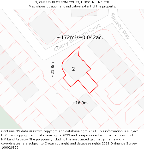 2, CHERRY BLOSSOM COURT, LINCOLN, LN6 0TB: Plot and title map