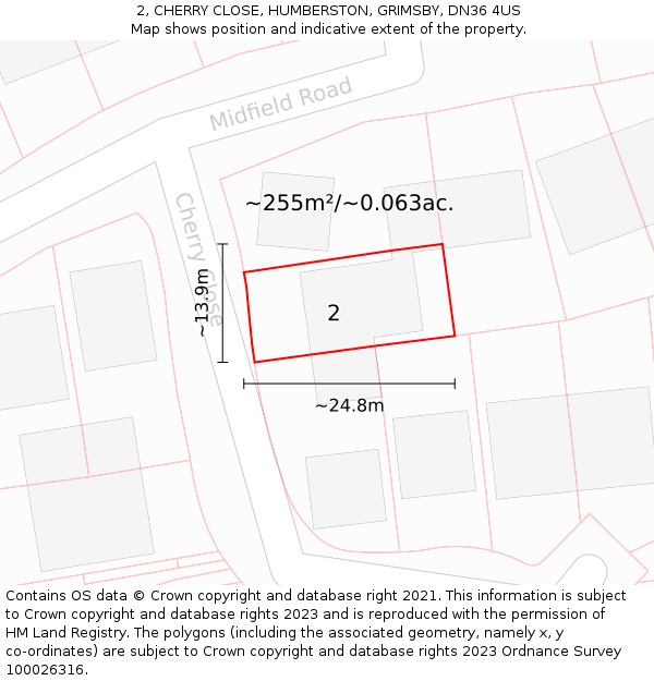 2, CHERRY CLOSE, HUMBERSTON, GRIMSBY, DN36 4US: Plot and title map