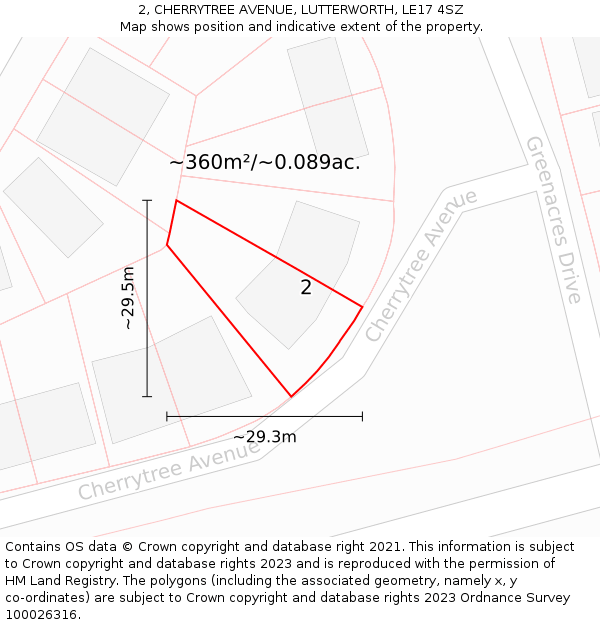 2, CHERRYTREE AVENUE, LUTTERWORTH, LE17 4SZ: Plot and title map