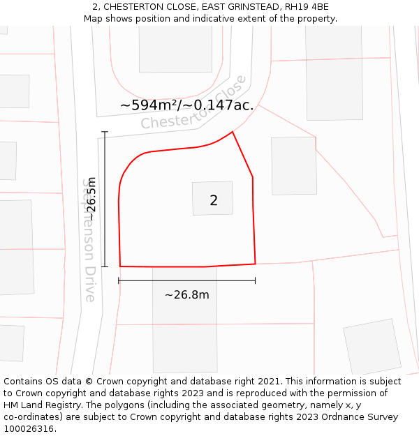 2, CHESTERTON CLOSE, EAST GRINSTEAD, RH19 4BE: Plot and title map