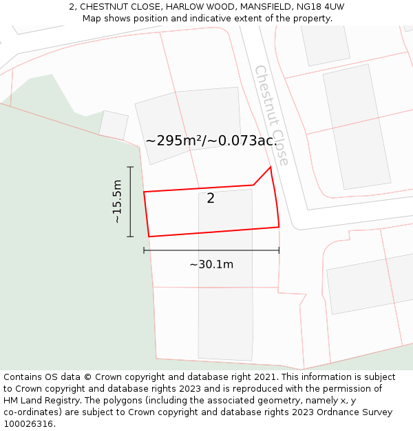 2, CHESTNUT CLOSE, HARLOW WOOD, MANSFIELD, NG18 4UW: Plot and title map