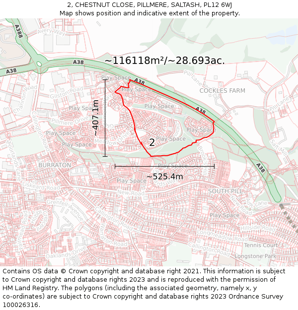 2, CHESTNUT CLOSE, PILLMERE, SALTASH, PL12 6WJ: Plot and title map