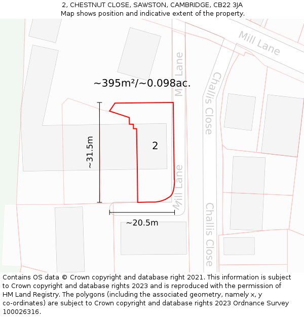 2, CHESTNUT CLOSE, SAWSTON, CAMBRIDGE, CB22 3JA: Plot and title map