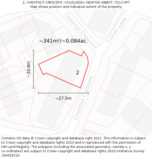 2, CHESTNUT CRESCENT, CHUDLEIGH, NEWTON ABBOT, TQ13 0PT: Plot and title map