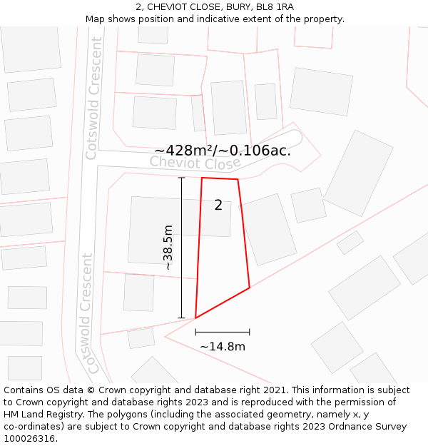2, CHEVIOT CLOSE, BURY, BL8 1RA: Plot and title map