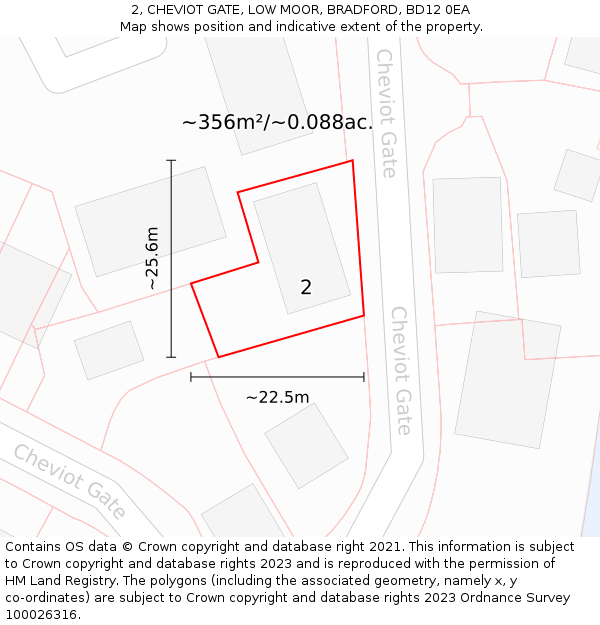 2, CHEVIOT GATE, LOW MOOR, BRADFORD, BD12 0EA: Plot and title map