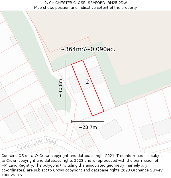 2, CHICHESTER CLOSE, SEAFORD, BN25 2DW: Plot and title map