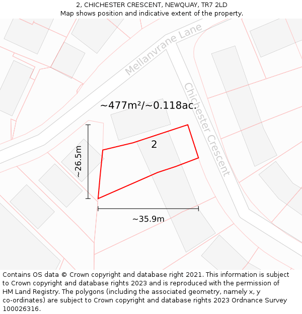 2, CHICHESTER CRESCENT, NEWQUAY, TR7 2LD: Plot and title map