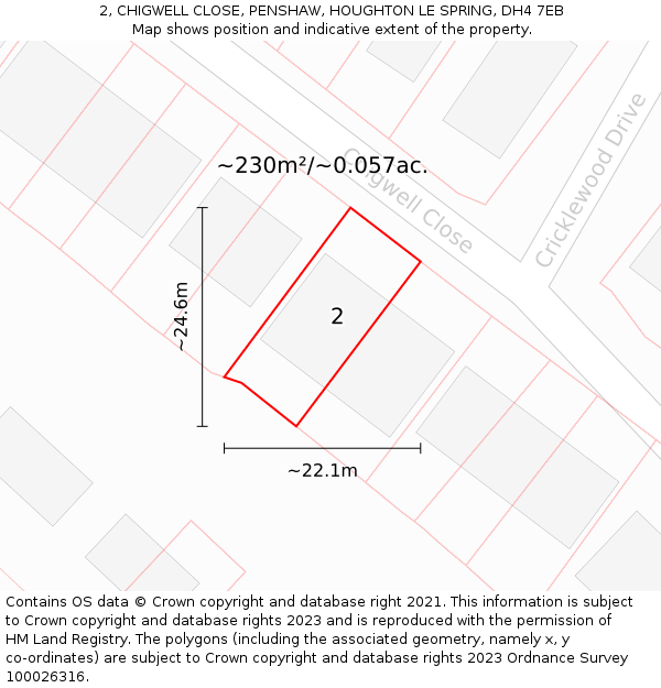 2, CHIGWELL CLOSE, PENSHAW, HOUGHTON LE SPRING, DH4 7EB: Plot and title map