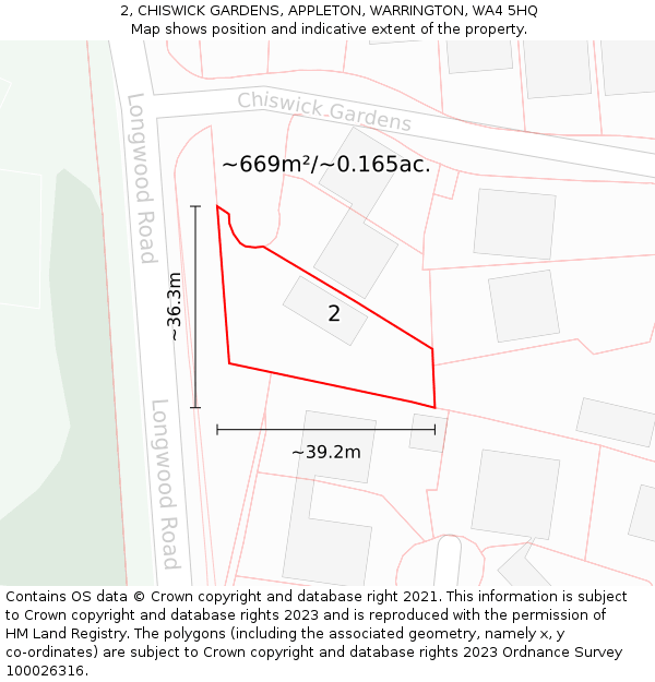 2, CHISWICK GARDENS, APPLETON, WARRINGTON, WA4 5HQ: Plot and title map