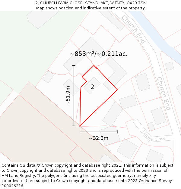 2, CHURCH FARM CLOSE, STANDLAKE, WITNEY, OX29 7SN: Plot and title map
