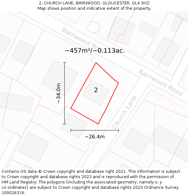 2, CHURCH LANE, BARNWOOD, GLOUCESTER, GL4 3HZ: Plot and title map