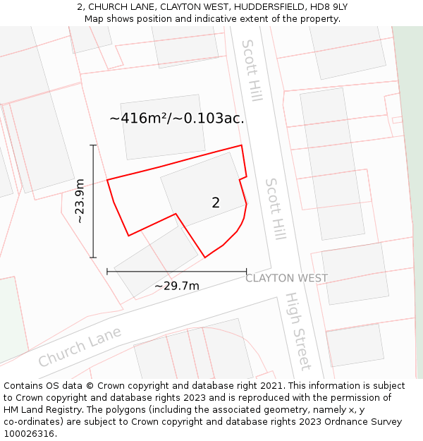 2, CHURCH LANE, CLAYTON WEST, HUDDERSFIELD, HD8 9LY: Plot and title map