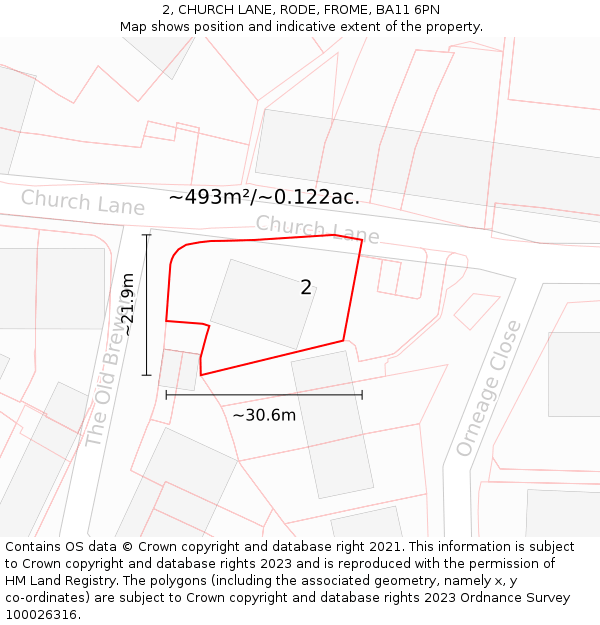 2, CHURCH LANE, RODE, FROME, BA11 6PN: Plot and title map