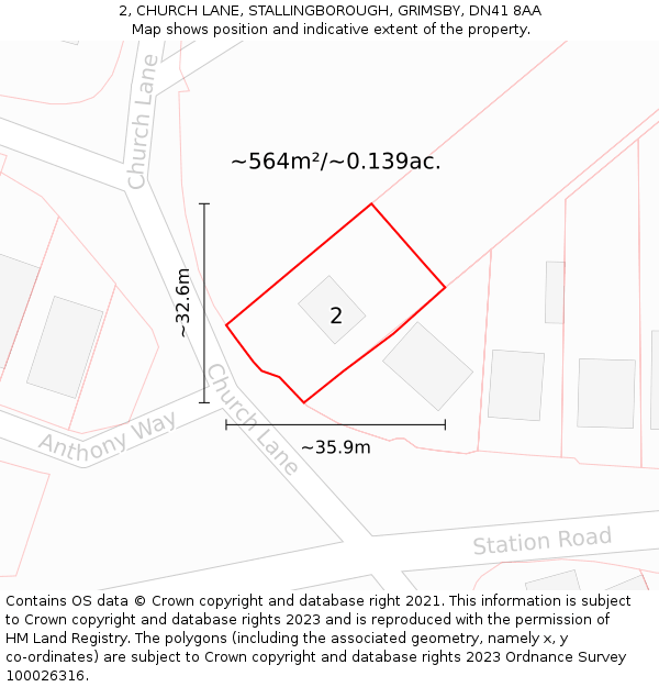 2, CHURCH LANE, STALLINGBOROUGH, GRIMSBY, DN41 8AA: Plot and title map