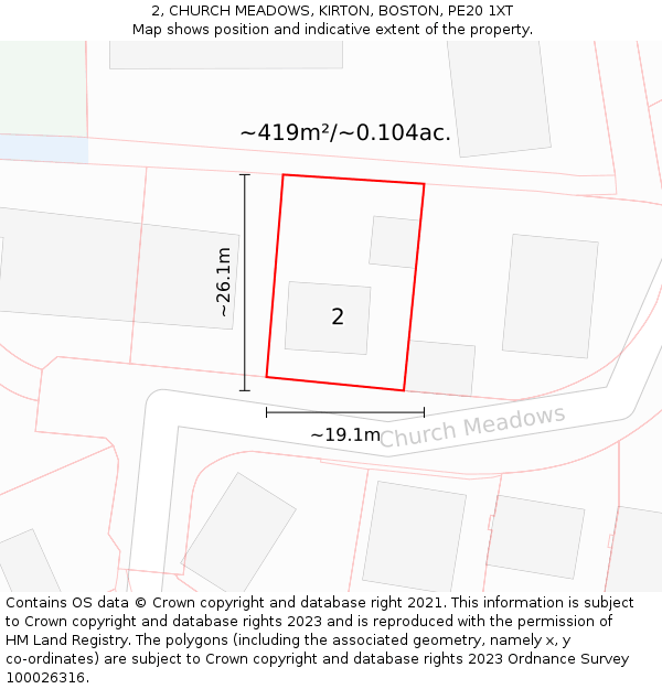 2, CHURCH MEADOWS, KIRTON, BOSTON, PE20 1XT: Plot and title map