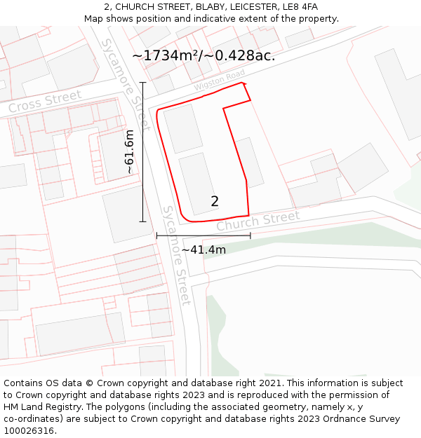 2, CHURCH STREET, BLABY, LEICESTER, LE8 4FA: Plot and title map
