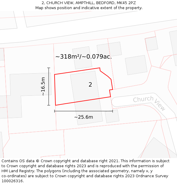 2, CHURCH VIEW, AMPTHILL, BEDFORD, MK45 2PZ: Plot and title map
