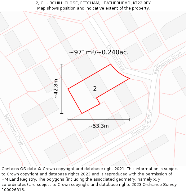 2, CHURCHILL CLOSE, FETCHAM, LEATHERHEAD, KT22 9EY: Plot and title map