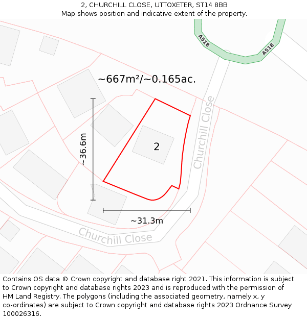 2, CHURCHILL CLOSE, UTTOXETER, ST14 8BB: Plot and title map