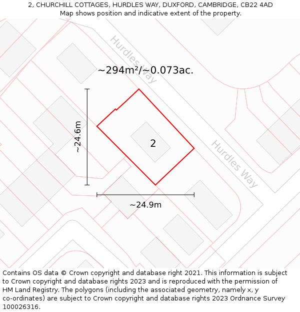 2, CHURCHILL COTTAGES, HURDLES WAY, DUXFORD, CAMBRIDGE, CB22 4AD: Plot and title map