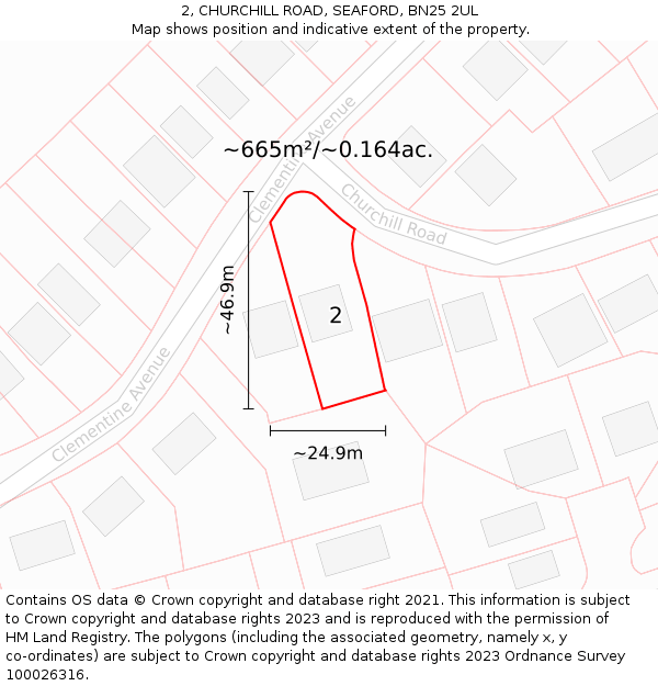 2, CHURCHILL ROAD, SEAFORD, BN25 2UL: Plot and title map