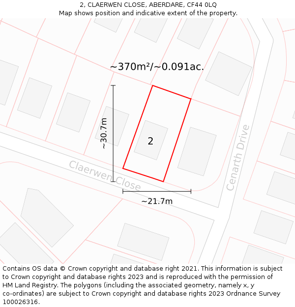 2, CLAERWEN CLOSE, ABERDARE, CF44 0LQ: Plot and title map