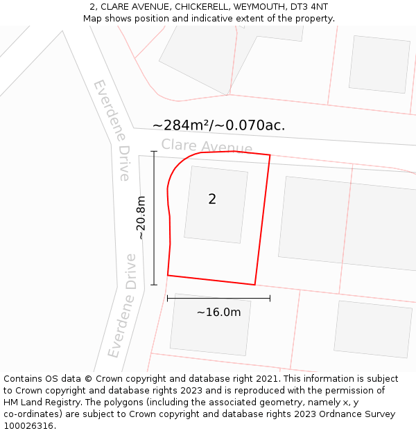 2, CLARE AVENUE, CHICKERELL, WEYMOUTH, DT3 4NT: Plot and title map