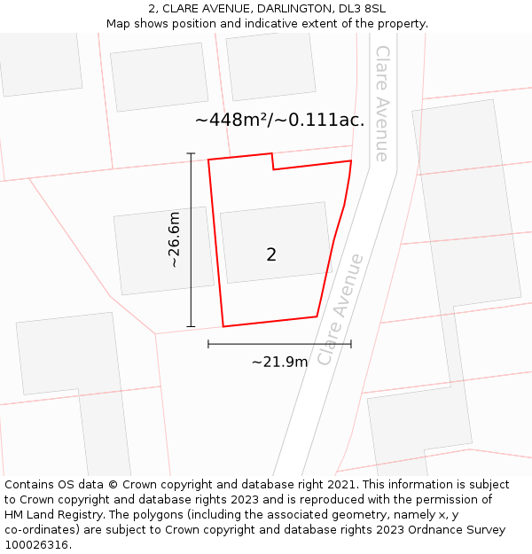 2, CLARE AVENUE, DARLINGTON, DL3 8SL: Plot and title map
