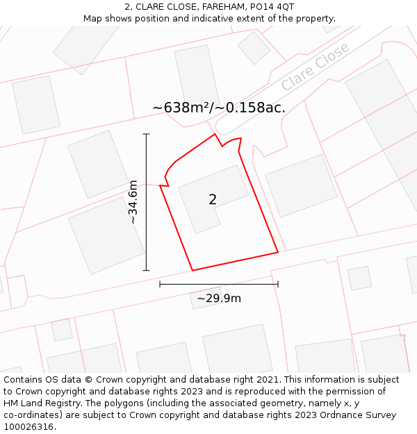 2, CLARE CLOSE, FAREHAM, PO14 4QT: Plot and title map