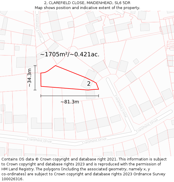 2, CLAREFIELD CLOSE, MAIDENHEAD, SL6 5DR: Plot and title map