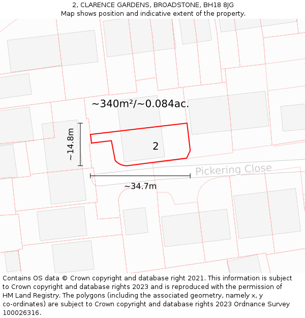 2, CLARENCE GARDENS, BROADSTONE, BH18 8JG: Plot and title map