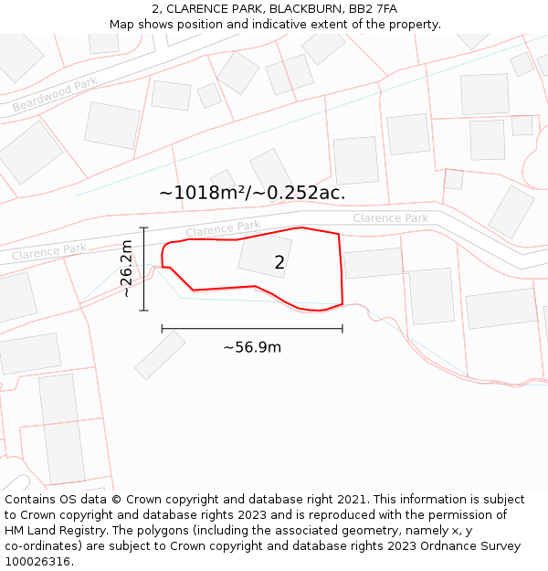 2, CLARENCE PARK, BLACKBURN, BB2 7FA: Plot and title map