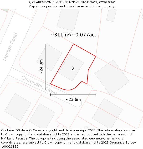 2, CLARENDON CLOSE, BRADING, SANDOWN, PO36 0BW: Plot and title map
