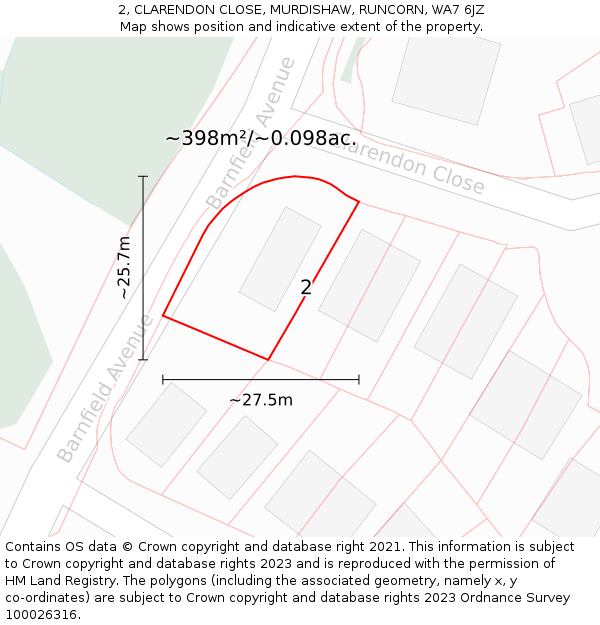 2, CLARENDON CLOSE, MURDISHAW, RUNCORN, WA7 6JZ: Plot and title map