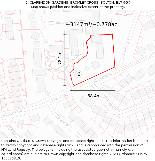 2, CLARENDON GARDENS, BROMLEY CROSS, BOLTON, BL7 9GX: Plot and title map