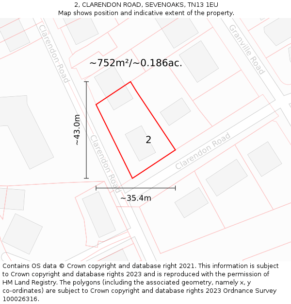 2, CLARENDON ROAD, SEVENOAKS, TN13 1EU: Plot and title map