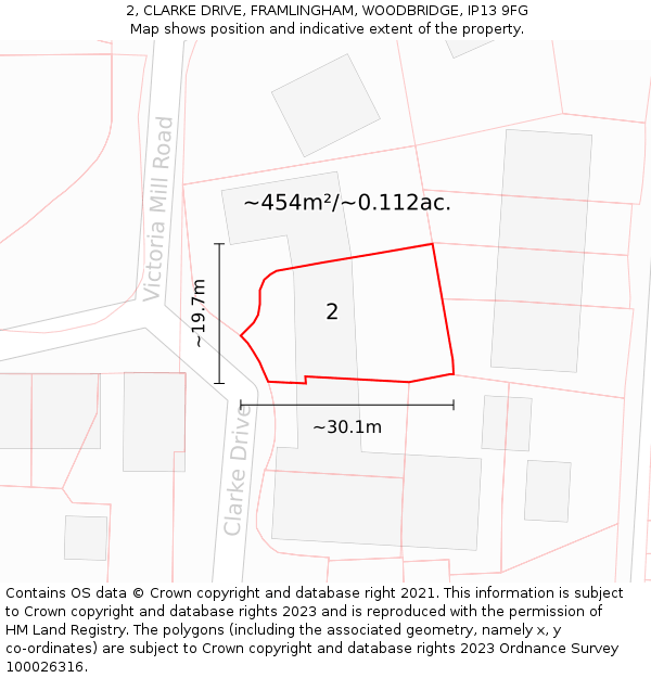 2, CLARKE DRIVE, FRAMLINGHAM, WOODBRIDGE, IP13 9FG: Plot and title map