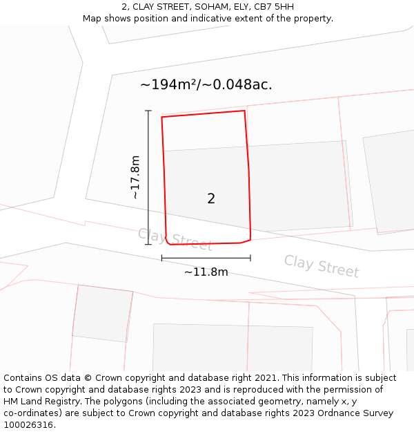 2, CLAY STREET, SOHAM, ELY, CB7 5HH: Plot and title map