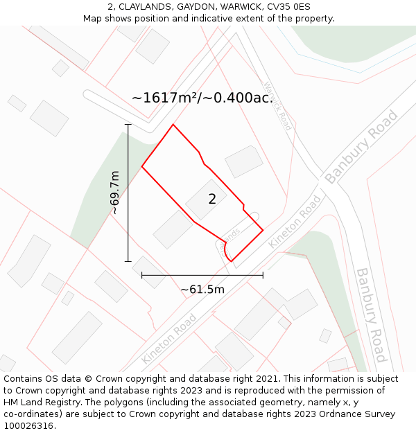 2, CLAYLANDS, GAYDON, WARWICK, CV35 0ES: Plot and title map