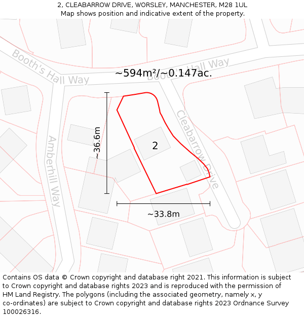 2, CLEABARROW DRIVE, WORSLEY, MANCHESTER, M28 1UL: Plot and title map