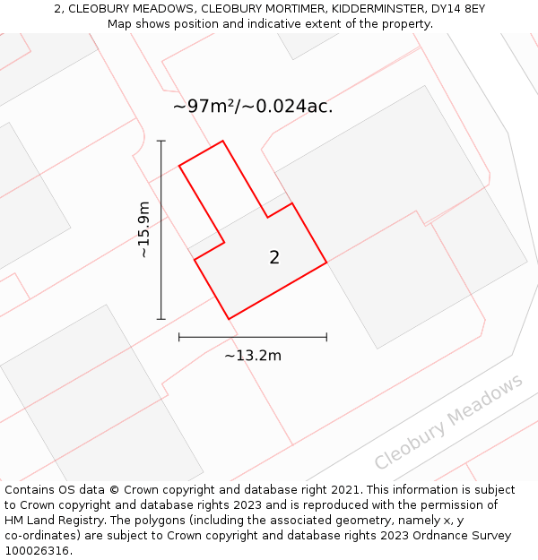 2, CLEOBURY MEADOWS, CLEOBURY MORTIMER, KIDDERMINSTER, DY14 8EY: Plot and title map