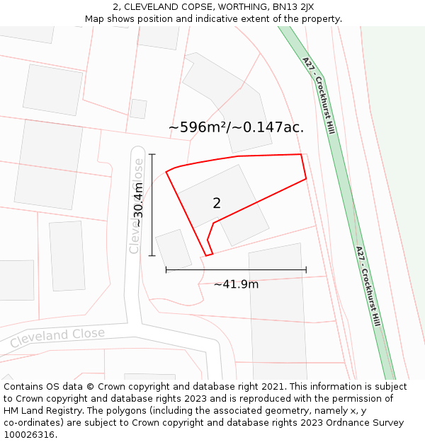 2, CLEVELAND COPSE, WORTHING, BN13 2JX: Plot and title map