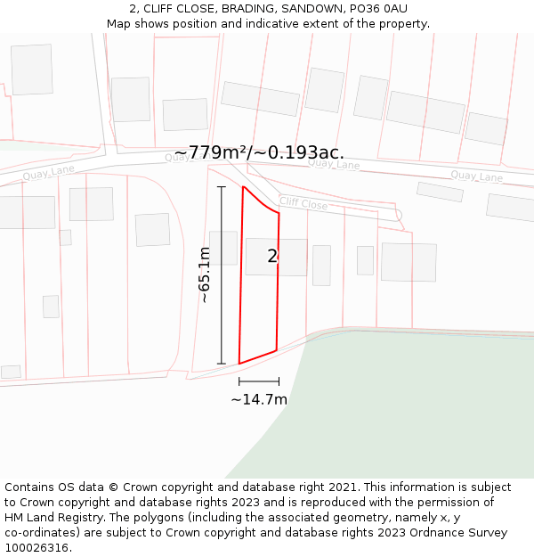 2, CLIFF CLOSE, BRADING, SANDOWN, PO36 0AU: Plot and title map