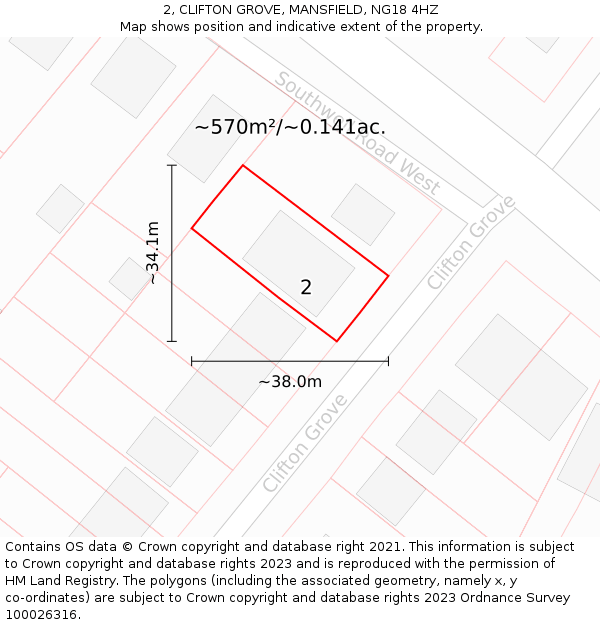 2, CLIFTON GROVE, MANSFIELD, NG18 4HZ: Plot and title map