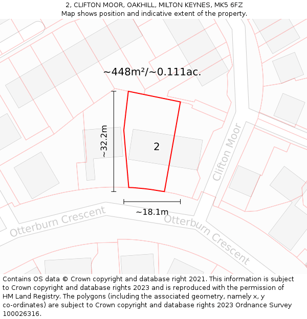 2, CLIFTON MOOR, OAKHILL, MILTON KEYNES, MK5 6FZ: Plot and title map